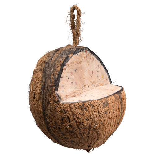 Kokosnød 3/4, med fedt og foder til fuglene i haven