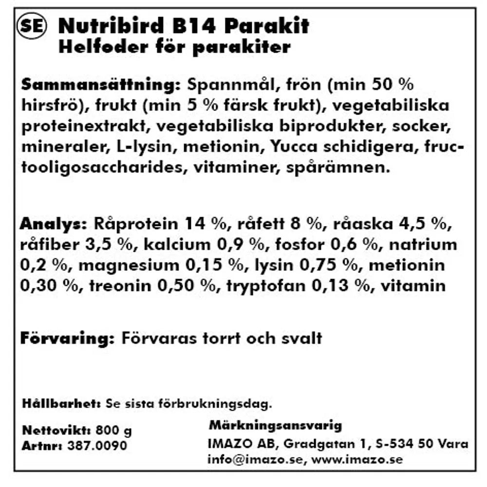 NUTRIBIRD B14 TROPICAL 800g | Versele-Laga Optimal Pellets: Videnskabeligt godkendt foder til undulater og andre små parakitter