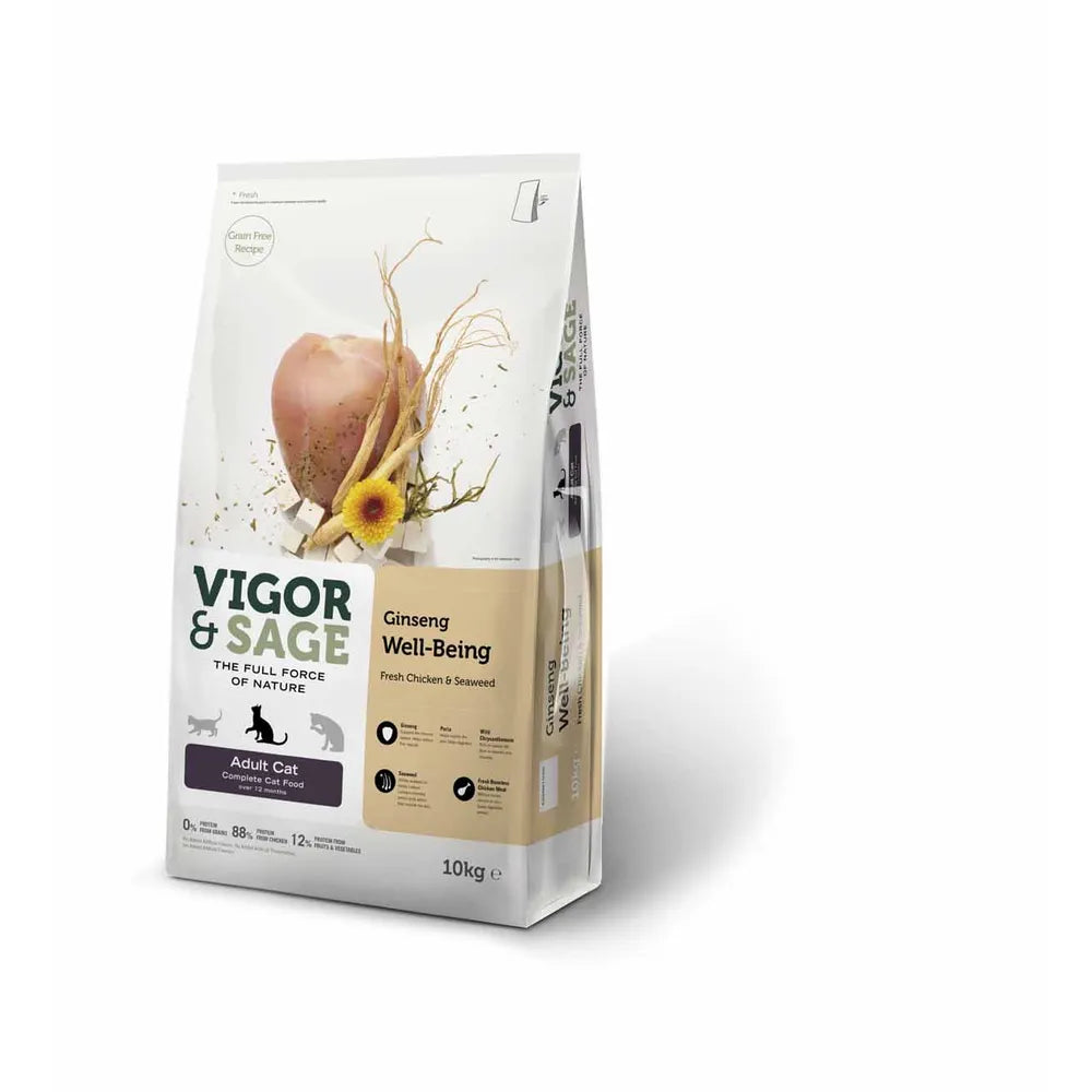 Vigor & Sage Ginseng Well-Being Adult Cat – kornfrit kattefoder til voksne katte