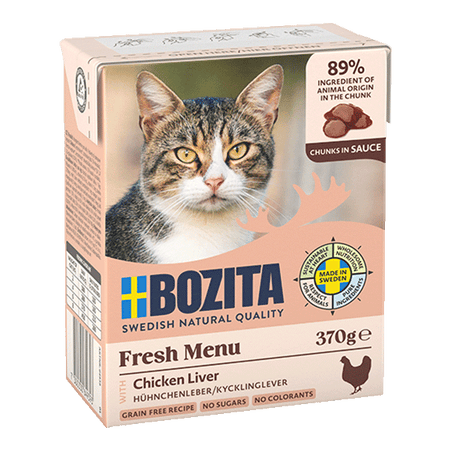 Bozita Chunks in Sauce med Kyllingelever – Kornfrit vådfoder med høj kødandel
