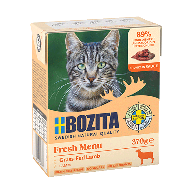 Bozita Chunks in Sauce med Lam – Kornfrit vådfoder med høj kødandel