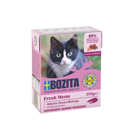 Bozita Chunks in Sauce med Rejer – Kornfrit vådfoder med høj kødandel