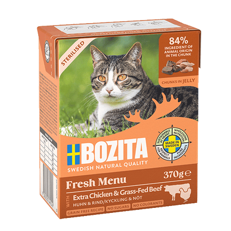 Bozita Sterilised med Ekstra Kylling & Græsfodret Oksekød i Gelé – Kornfrit vådfoder til steriliserede katte