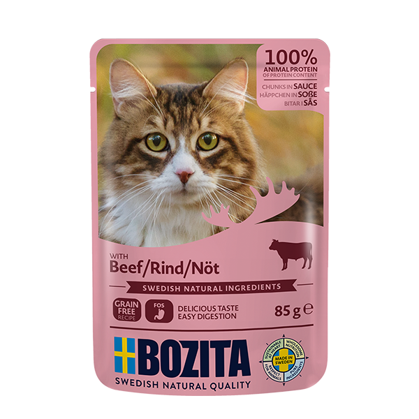 Bozita med Oksekød 12 x 85g – Kornfri Vådfoder i Portionsposer til Kat