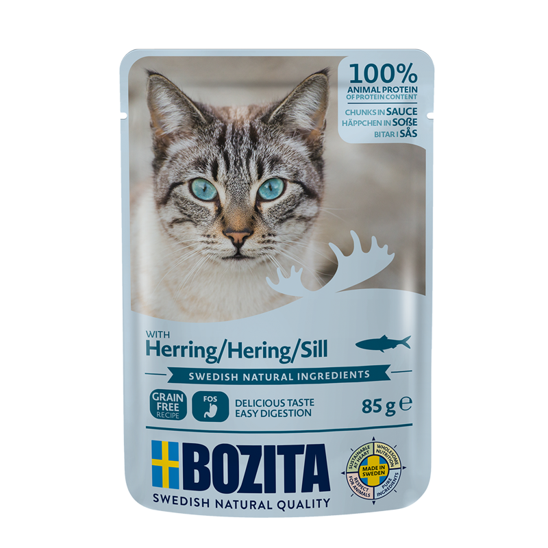 Bozita med Sild 12 x 85g – Kornfri Vådfoder i Portionsposer til Kat