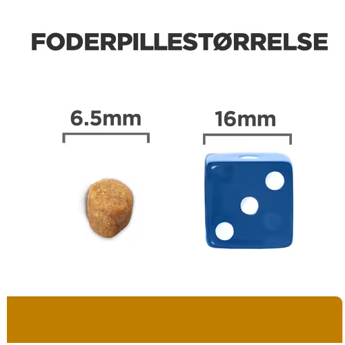 Et billede af en terning og en lineal ved siden af Hills Prescription Diet s/d Urinary Care tørfoder til katte med kylling.