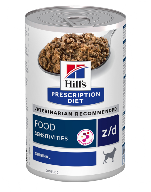 Hills Prescription Diet z/d Food Sensitivities vådfoder til hunde 370g dåser, et specialiseret hundefoder til foderfølsomme.