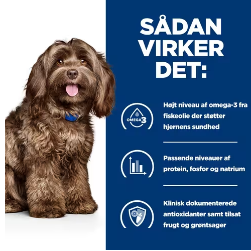 Hill's Prescription Diet b/d Brain Aging Care er et specialdesignet hundefoder til ældre hunde, der er formuleret til hjernesundhed.