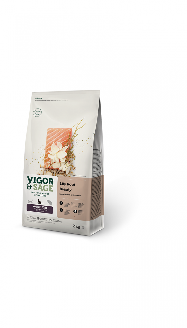 Vigor & Sage Lily Root Beauty Adult Cat – kornfrit kattefoder til sund hud og pels