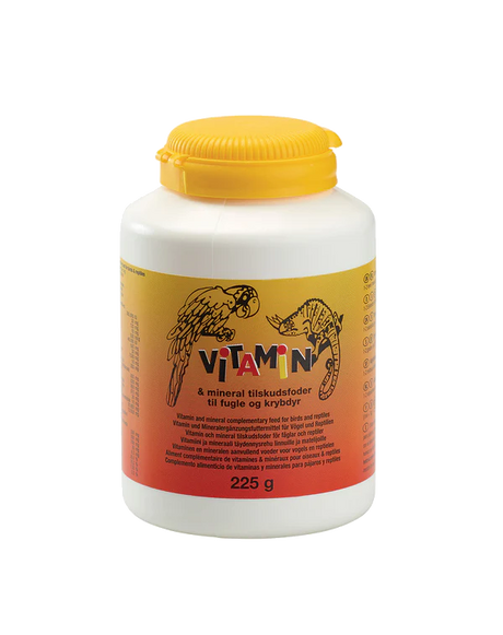 En krukke Diafarm vitaminpulver og mineraler til fugle og krybdyr med gult låg.