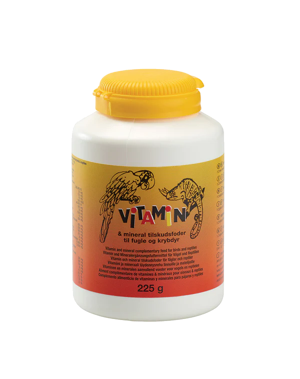 En krukke Diafarm vitaminpulver og mineraler til fugle og krybdyr med gult låg.