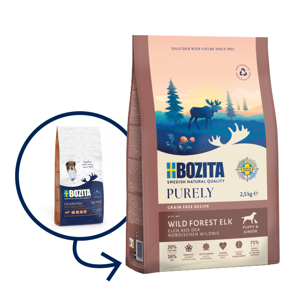 Bozita Purely Puppy & Junior Elk – kornfrit hvalpefoder fra Sverige