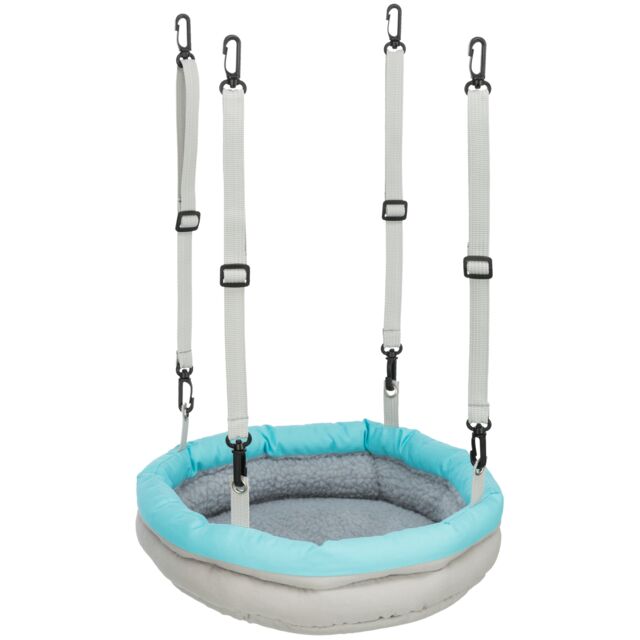 En blå og grå Gnaverseng m. lammeskind til ophæng babygynge med polyesterbetræk og to stropper, lavet af Trixie.