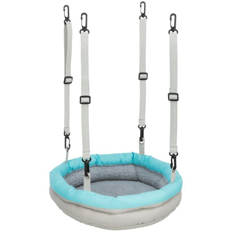 En blå og grå Gnaverseng m. lammeskind til ophæng babygynge med polyesterbetræk og to stropper, lavet af Trixie.