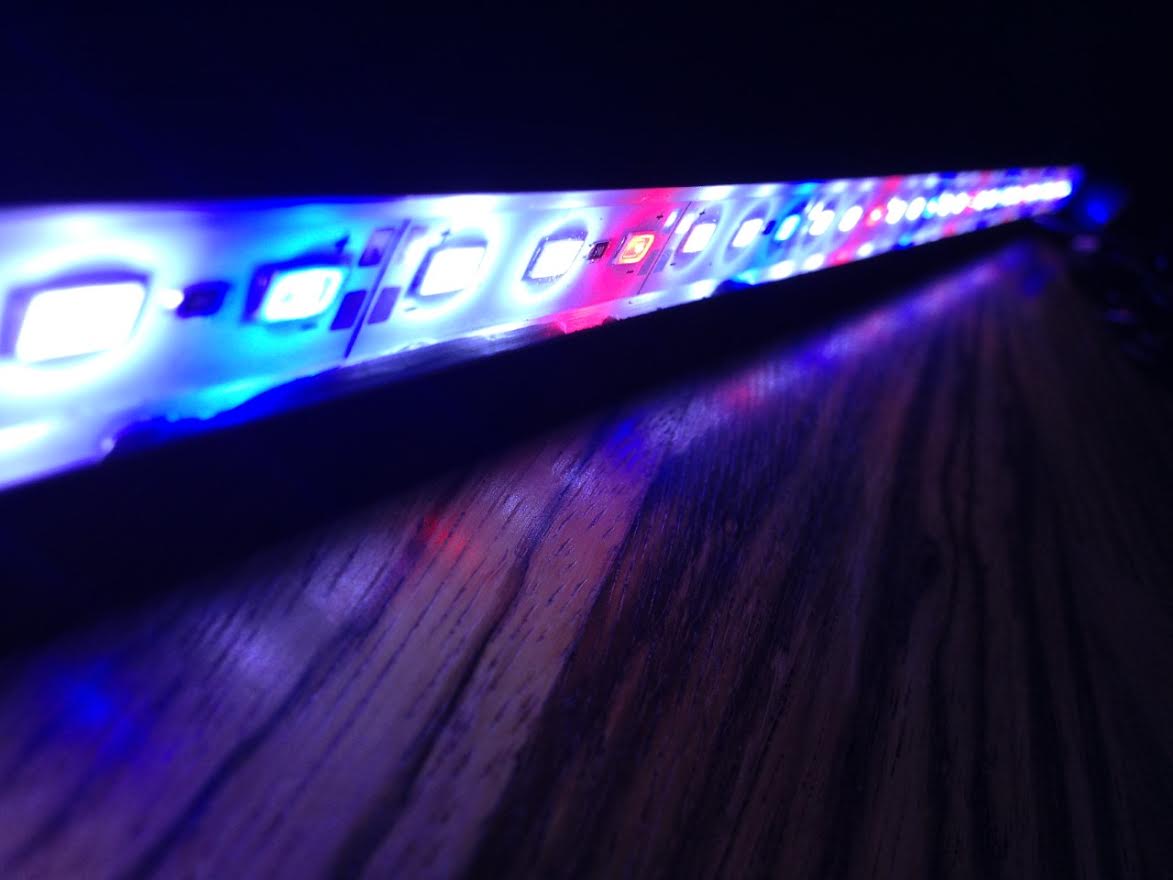Et træbord udsmykket med den fascinerende Akvarie LED lys, Aqualight lysliste.