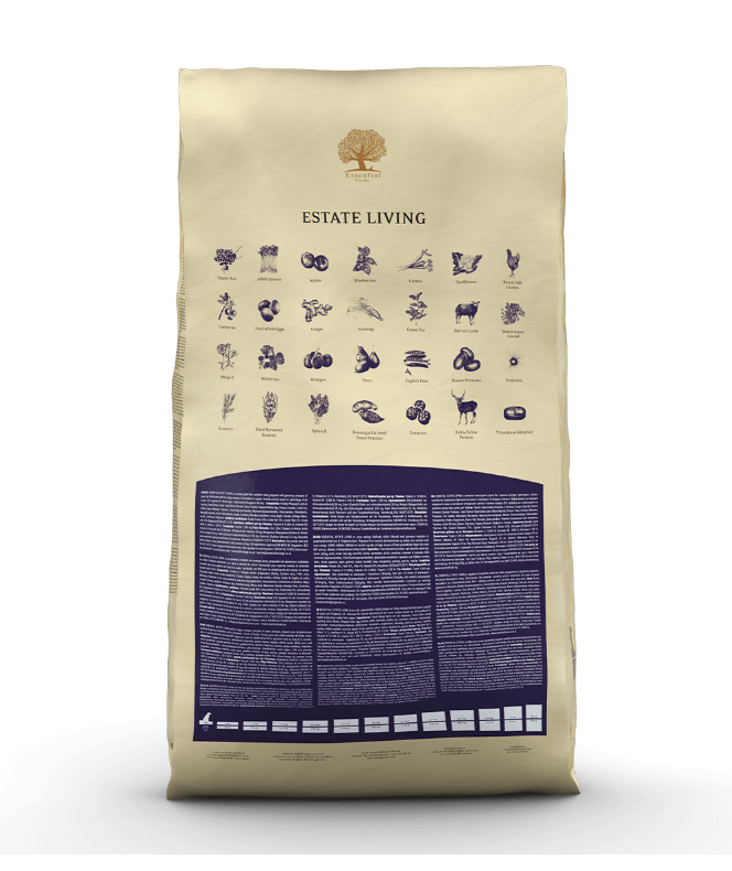 Et billede af en pose Essential hundefoder indeholdende fritgående britisk lam.