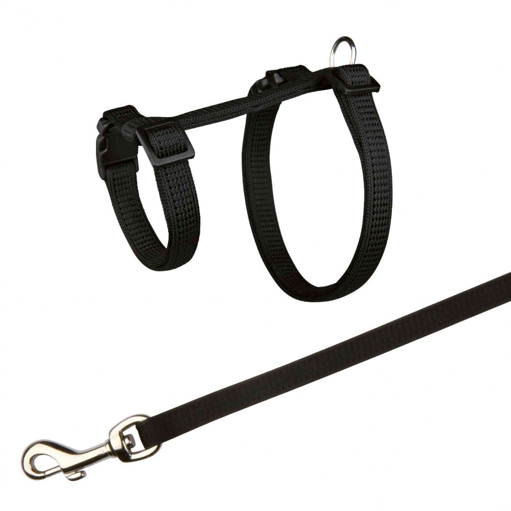 En sort Trixie hundesele med sort snor velegnet til Kanin- / marsvinsele m/ line.