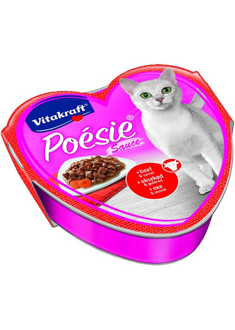 En dåse Vådfoder i sauce til kat, Poésie fra Vitakraft, i hjerteform, fyldt med lækre kødstykker og en velsmagende sauce.