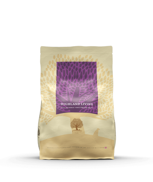 Se Essential Essential Okse Highland Living, 2,5 kg kornfrit hundefoder med fritgående skotsk angus okse & vildand, til voksne hunde af alle racer hos Os Med Kæledyr