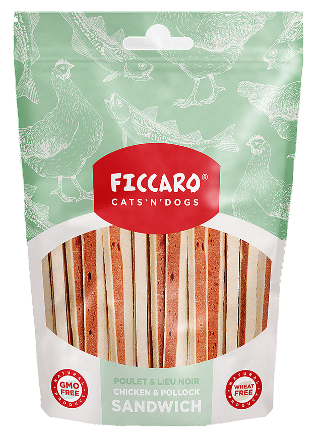 En glutenfri pose Hundegodbidder fra FICCARO, Kylling & Fisk sandwich til hunde.