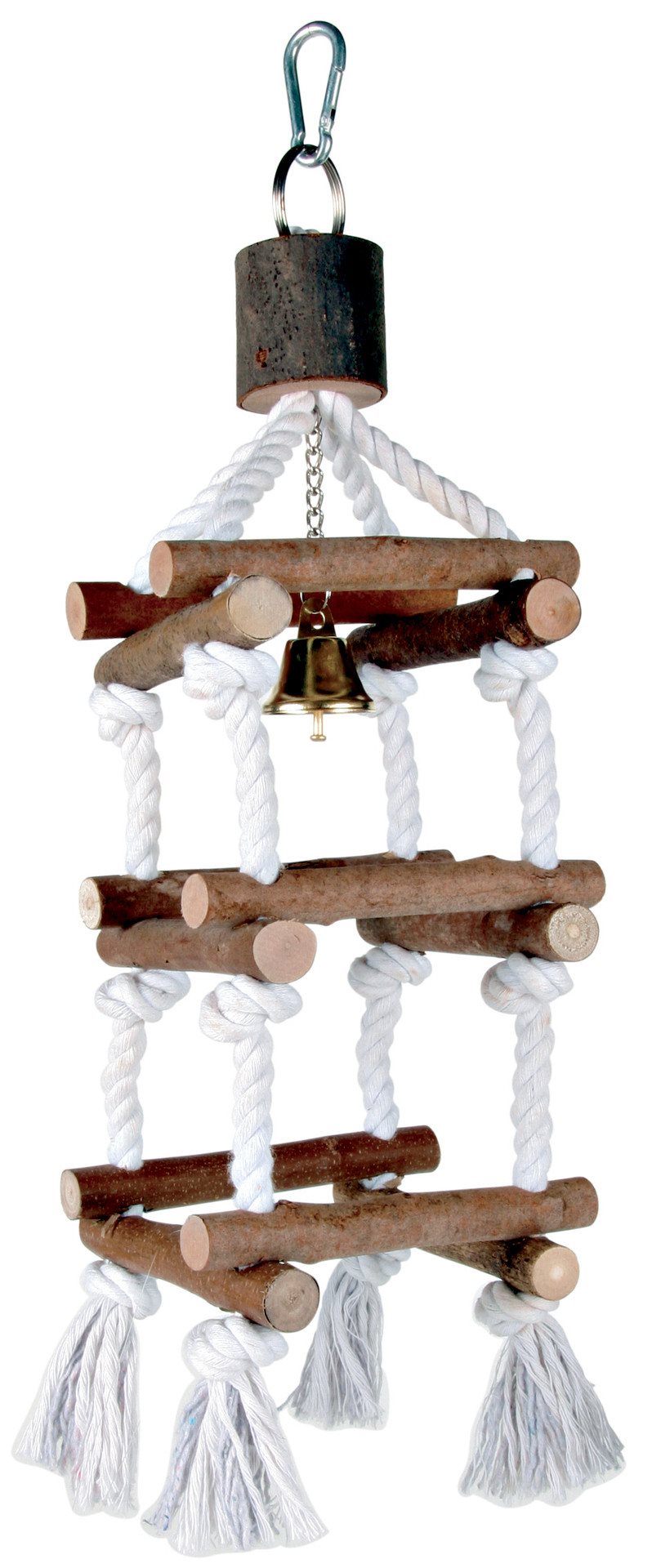 Et Tov tårn fuglelegetøj med reb hængende, lavet af naturgrene, af Trixie.