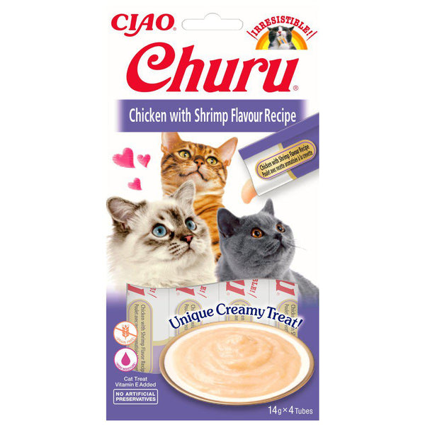 Se CHURU Kattegodbid, Churu Kylling/Rejer, flydende katte snack hos Os Med Kæledyr