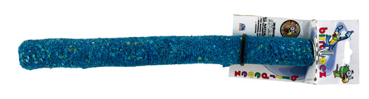 Et Birrdeez blå plastrør med blåt bånd, der giver naturlig pleje til negle og næb, Siddepind til papegøjer, sliber negle & næb.
