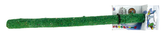 Et grønt Birrdeez-græslegetøj med en kasse ovenpå, der giver naturlig negle- og næbpleje til fugle.