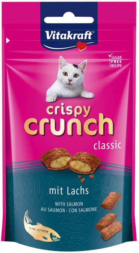 Vitakraft Kattegodbid med laks, Crispy Crunch er en lækker snack, der både er laks (laks) og sprød (sprød).