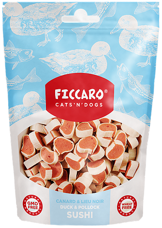 En pose Hundegodbidder fra FICCARO, bløde sandwich bidder med og & fisk kattegodbidder med laks og tun.