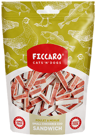 Se FICCARO Hundegodbidder fra FICCARO, små bløde kyllinge & torsk sandwich hos Os Med Kæledyr