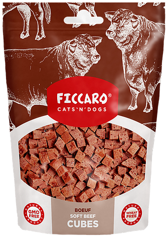 En pose glutenfri FICCARO tern til hunde, lavet med fedtfattige og bløde okseterninger.