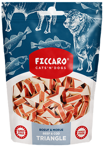En pose glutenfri Hundegodbidder fra FICCARO hundegodbidder i trekantet form, med højt på protein og lavt fedtindhold.