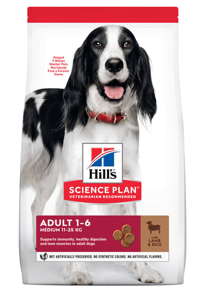 Se Hills Science Plan HILL'S SCIENCE PLAN Adult Medium tørfoder til voksne hunde 1 > 7 år med lam og ris 12 kg hos Os Med Kæledyr