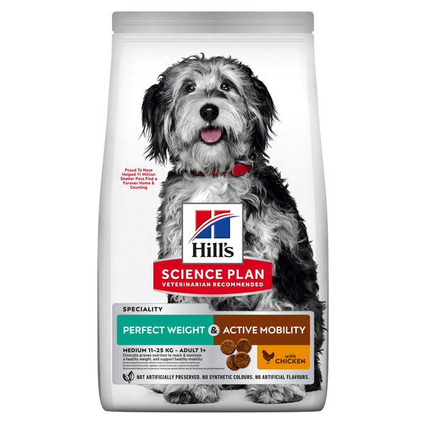 Se Hills Science Plan Hills tørfoder perfect weight & mobility 12kg. Til voksne Medium hunde hos Os Med Kæledyr