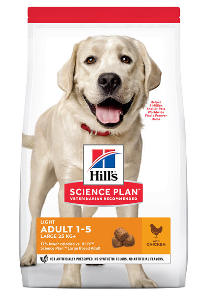 Se Hills Science Plan 12 kg Hundefoder fra Hills, Light, tørfoder m/ kylling til voksne store hunde 1-5år hos Os Med Kæledyr