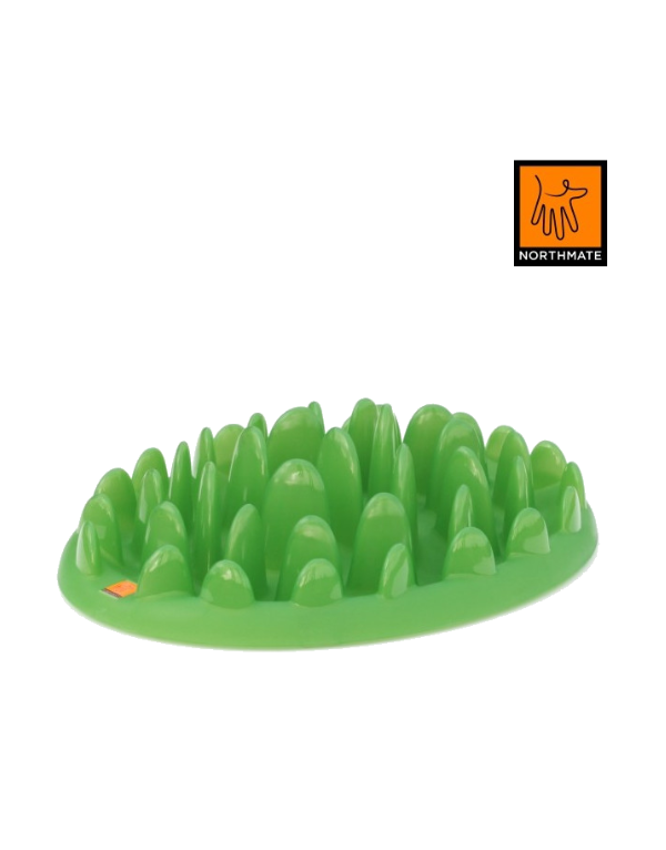En Northmate grøn plastikskål med græs på, designet som en Hunde og katte aktivitets mad og gufskål for at tilskynde hunde til at spise langsomt.