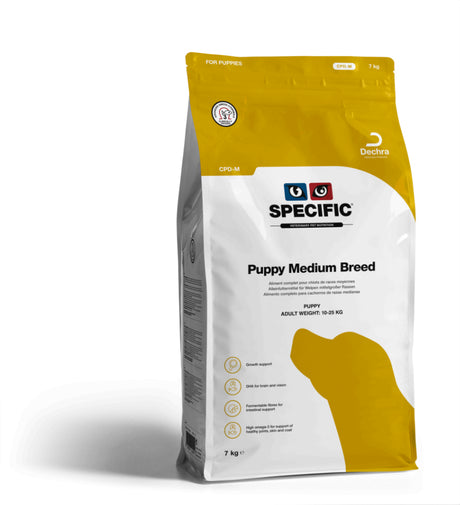 En pose Specific CPD-M Hvalpefoder til mellemstore hunde (hvalpefoder til mellemstore hunde) på hvid baggrund.