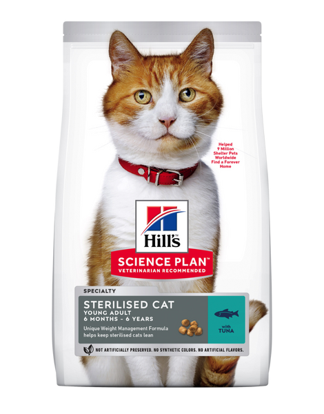 Billede af Hills Science Plan Hills Sterilised kattemad til katte fra 6 mdr til 6 år fås med Kylling, Tun eller And hos Os Med Kæledyr
