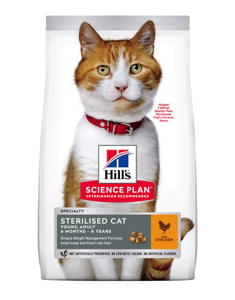 Se Hills Science Plan Hills Sterilised kattemad til katte fra 6 mdr til 6 år fås med Kylling, Tun eller And hos Os Med Kæledyr