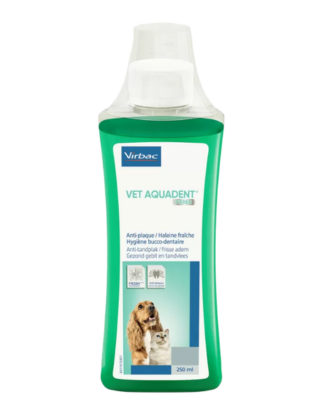 Se Virbac Virbac Vet Aquadent 250 eller 500 ml Anti-plak opløsning til drikkevandet hos Os Med Kæledyr