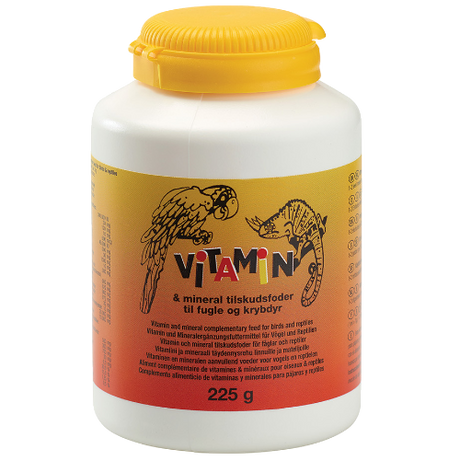 En flaske Vitaminpulver og mineraler til fugle og krybdyr fra Diafarm.