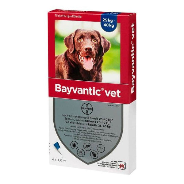 Se Bayvantic Bayvantic Vet - til forebyggelse og behandling af flåt- og loppe-angreb til hunde. hos Os Med Kæledyr