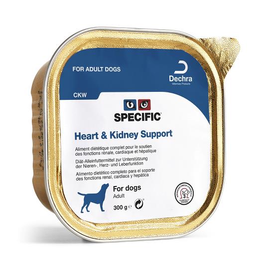 Se Specific Specific CKW - Heart & Kidney Support, vådfoder til voksne hunde med nedsat funktion i hjertet, nyrerne og / eller leveren. 6x300g hos Os Med Kæledyr