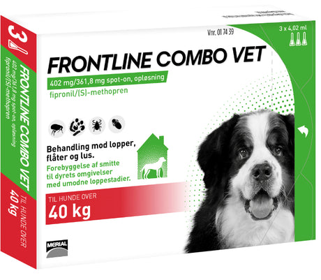 Frontline Combo Vet 3-pak til behandling mod lopper, flåter og lus på hunde >40 kg hunde er et veterinæranbefalet produkt specielt designet til hunde, der vejer op til 40 kg. Denne kraftfulde og effektive løsning giver omfattende beskyttelse mod lopper og flåter og sikrer, at din elskede hund forbliver beskyttet.