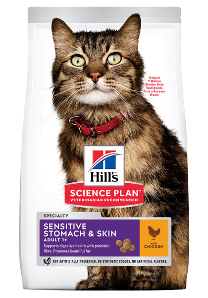Se Hills Science Plan Hills sensitive skin & stomach, kattefoder m/ kylling (følsom hud & mave) 1,5kg hos Os Med Kæledyr