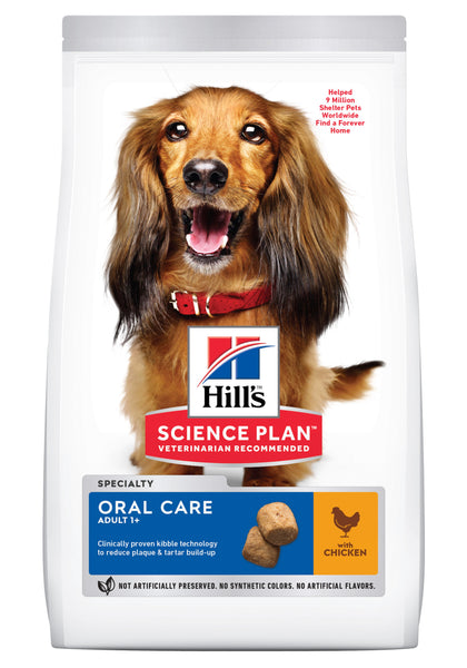 Se Hills Science Plan 12kg Hills Oral care tørfoder med kylling til voksne hunde med behov for ekstra mundpleje. hos Os Med Kæledyr