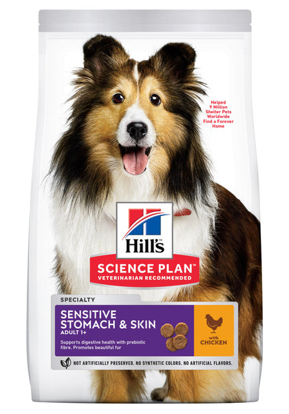 Se Hills Science Plan Hills sensitive stomach & skin tørfoder m/ kylling. Til voksne hunde med følsom hud og/eller mave hos Os Med Kæledyr
