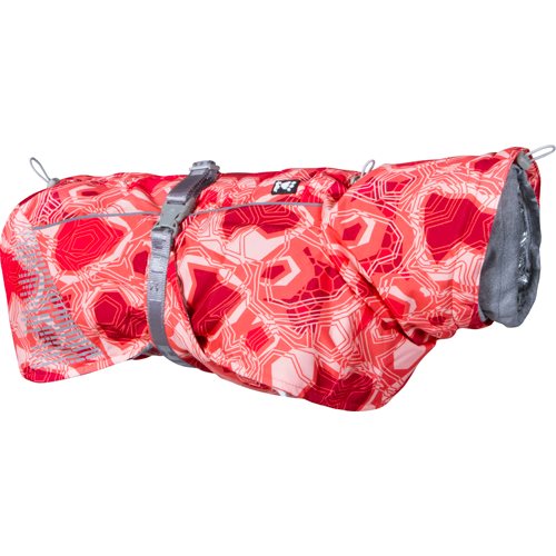 Vi introducerer Vinterdækken til hunde, Hurtta - Extreme Warmer Coral Camo hundefrakke i en livlig rød farve, med et stilfuldt mønster og forbedret synlighed med reflekterende folie-accenter.