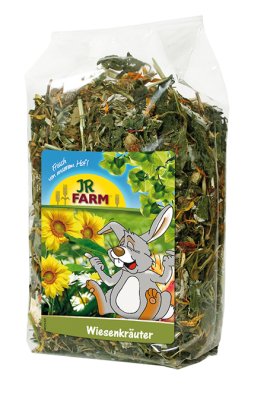 En pose JR Farm's Gnaversnacks tørret urtemix, et grovfodertilskud, i en hvid pose.
